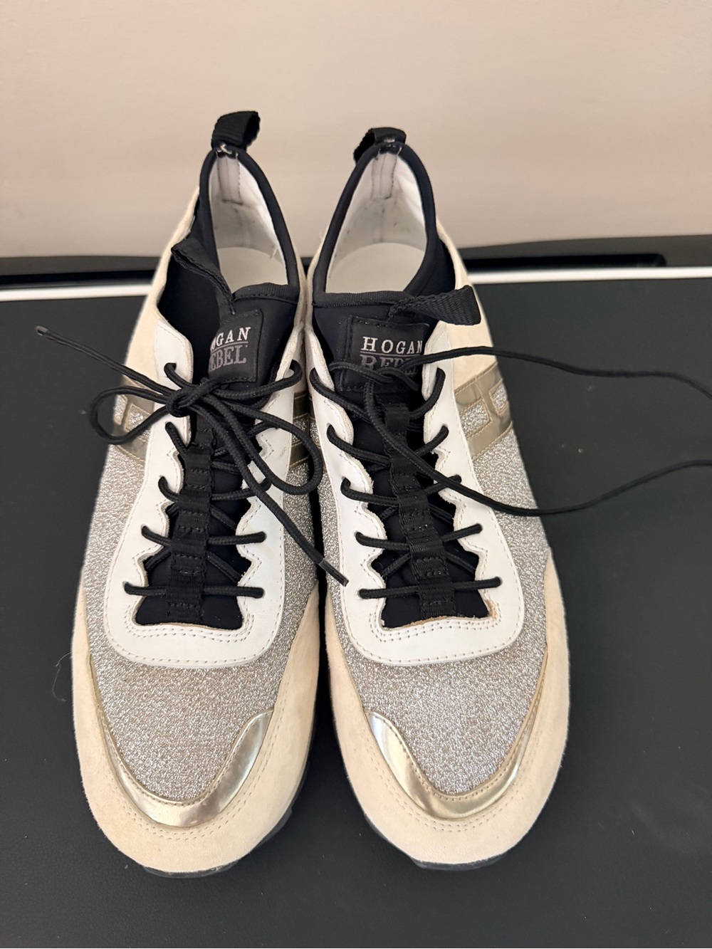 Hogan Silver Glitter & Black Lace-Up Sneakers with White Accents